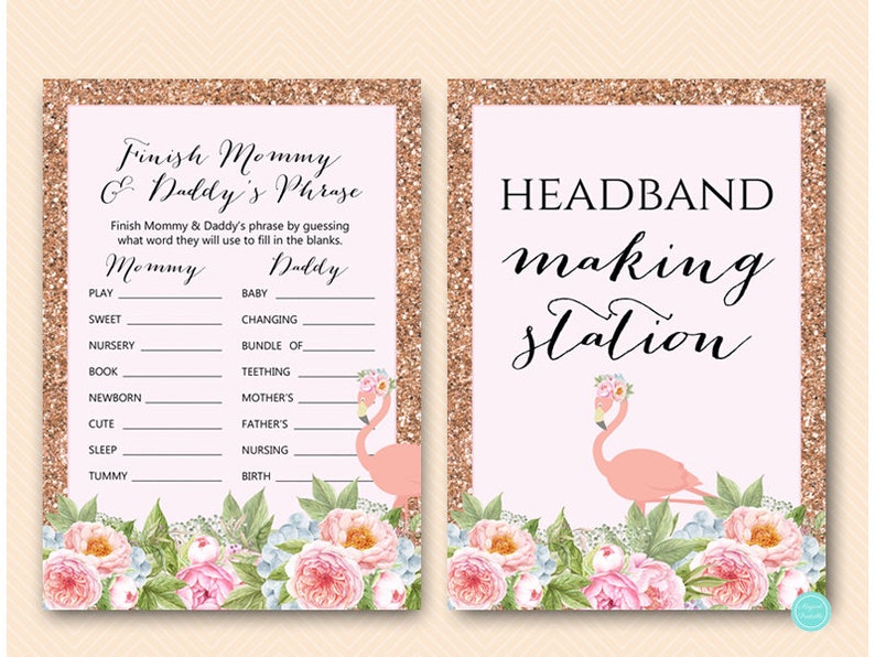 Rose Gold Flamingo Baby Shower Games Package, Instant Download, Wishes for Baby, Headband station, babies are sweet, diaper raffle tlc544 image 2