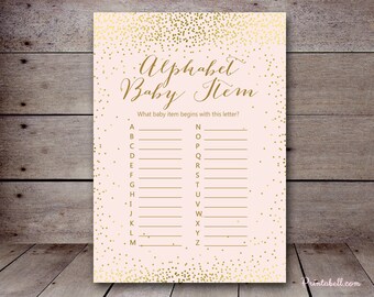 Pink and Gold Baby Shower, ABC Baby Item Game, A to Z Baby Item Game, Alphabet Baby Item, Baby Shower Games, Shower Games printable TLC526