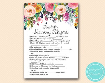 finish the nursery rhyme, nursery rhyme quiz, Floral, whimsical Chic Baby Shower Games, Baby Shower Activities TLC140