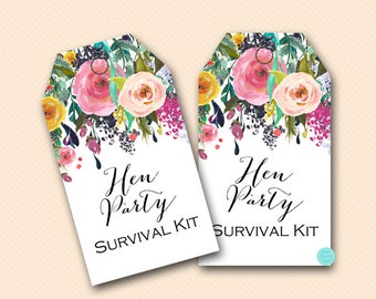 Floral Hen Party Survival Kit Tags, Hen party favor tags, Bachelorette Survival Kit Tags, BS138 SN34 BS402