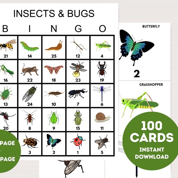 100x Insect and Bugs Bingo Cards, Printable Birthday Party bingo, Party Bingo game, Birthday Game, insect bingo game, bs701 JK