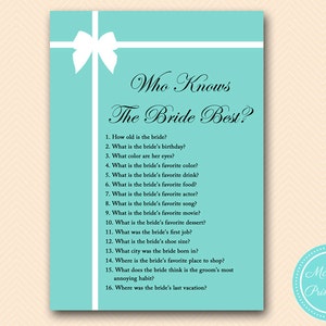 who knows the bride best, how well do you know bride, Aqua Bridal Shower Game Printables, Bachelorette, Wedding Shower Games BS72, BS54