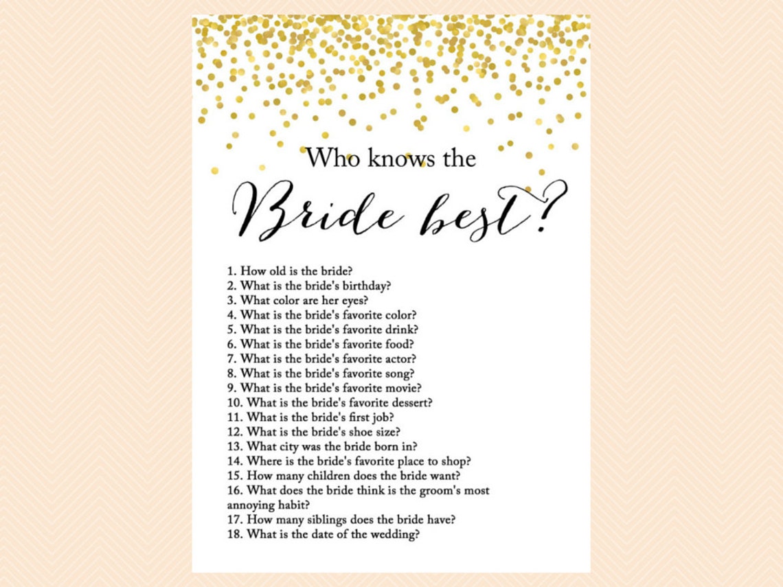 Who Knows the Bride Best, How Well Do You Know the Bride Game, Bridal