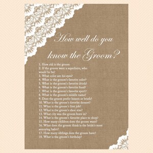 How well do you know bride, groom, who knows bride best, Burlap, Lace, Rustic Unique Bridal Shower Games, Games, Wedding Shower Games BS34