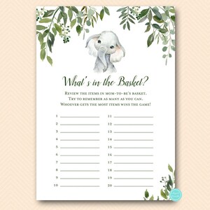 May include: A printable baby shower game with a cute gray elephant illustration. The game is called "What's in the Basket?" and asks guests to guess the items in the basket. The game includes a list of numbers 1-20.