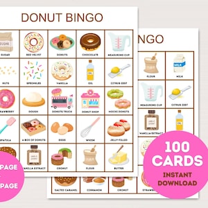 Donut Bingo Cards, 100 Printable Donut bingo, Donut Party Activity, Donut Party Game, Donut Birthday Game, Donut themed bingo cards, bs701