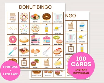 Donut Bingo Cards, 100 Printable Donut bingo, Donut Party Activity, Donut Party Game, Donut Birthday Game, Donut themed bingo cards, bs701