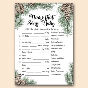 May include: A printable game card with a wintery pine tree design. The card has a list of 14 songs with the word "Baby" in the title. Players must fill in the blanks to complete the song title.