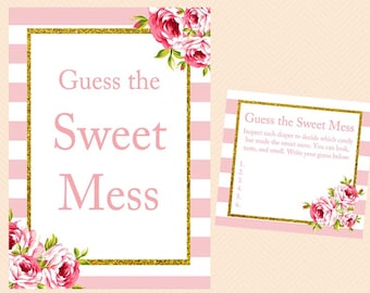 sweet mess, guess the candy bar, dirty diaper, guess the sweet mess, Pink stripes chic baby shower games Printables, Instant download TLC50