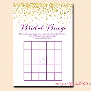 Bingo nupcial, Tarjetas de bingo de artículos de regalo, Ducha nupcial de confeti dorado, Púrpura, Ducha de boda BS84