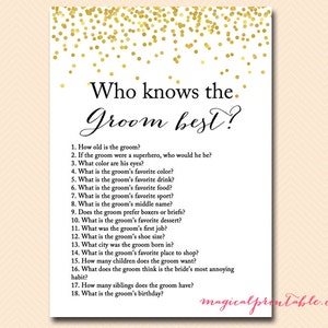 Who knows the groom best, how well do you know the groom game, printable Gold Confetti Bridal Shower, Bachelorette, Wedding Shower BS46