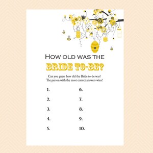 how old was bride to be, guess bride's age, Honey Bee Bridal Shower Activities, Unique Bridal Shower Game, Bachelorette, Wedding Shower BS29