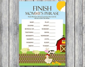 finish mommy's phrase, finish mama's phrase, finish the phrase, gender neutral, Farm animals Baby Shower Games, Farm Baby Shower TLC59