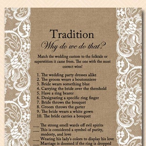 Wedding Tradition, why do we do that, Lace, Rustic Bridal Shower, Unique Bridal Shower Games, Bachelorette Games, Wedding Shower Games BS16