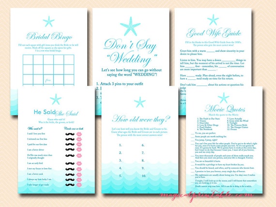 Beach Theme Games Package, Aqua, Nautical, Sea waves, Starfish, Beach Theme Bridal Shower Games, Bachelorette Games, Wedding Shower BS28 Il_570xn