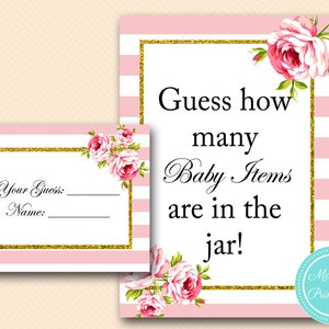 How many baby items are in the jar, counting game, Pink chic baby shower games Printables, Instant download TLC50