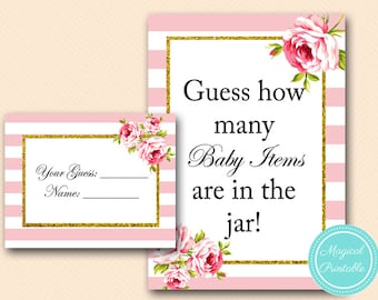 How many baby items are in the jar, counting game, Pink chic baby shower games Printables, Instant download TLC50
