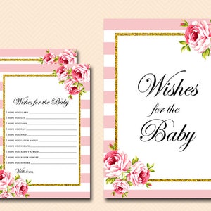 Roze en gouden baby shower wensen voor babymeisje, wensen voor baby afdrukbaar, babyadvieskaarten, roze chique babyshowerspellen Printables, TLC50