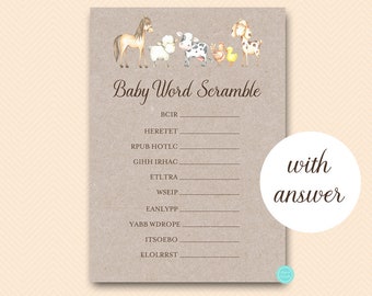 Farm Baby Shower Games, Baby Word Scramble, Baby Scramble, Baby Shower Games, Baby Shower Activities, Baby Shower Game Printable TLC644