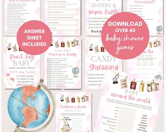 Pink Adventure Awaits Baby Shower Games Bundle, Travel Themed Baby Shower, Welcome to the World Baby, Greatest Adventure Baby Shower  TLC781