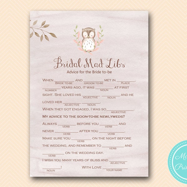 Mad Libs, Bridal Shower Mad Libs, Advice for Bride, Woodland Bridal Shower Game, Owl Bridal Shower, Wedding Shower BS401