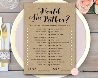 Rustic Would She rather bridal shower game, Who knows the Bride Best, Bridal Shower Game, Bridal Shower Games Download BS596