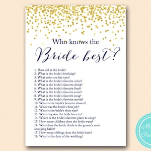 who knows the bride best, how well do you know, Blue bridal shower, Navy blue and Gold Confetti Bridal Shower, Wedding Shower Games BS156