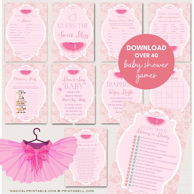 Tutu Ballerina Baby Shower Game Pack, Ballet baby shower game Printables, ballet Baby Shower, pink tutu baby shower, tiny dancer, TLC36 image 1