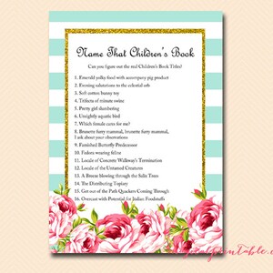 May include: A printable game card with a light blue and white striped background. The card has a gold glitter border and the text "Name That Children's Book". The card has a list of 16 book titles with a pink floral design at the bottom.