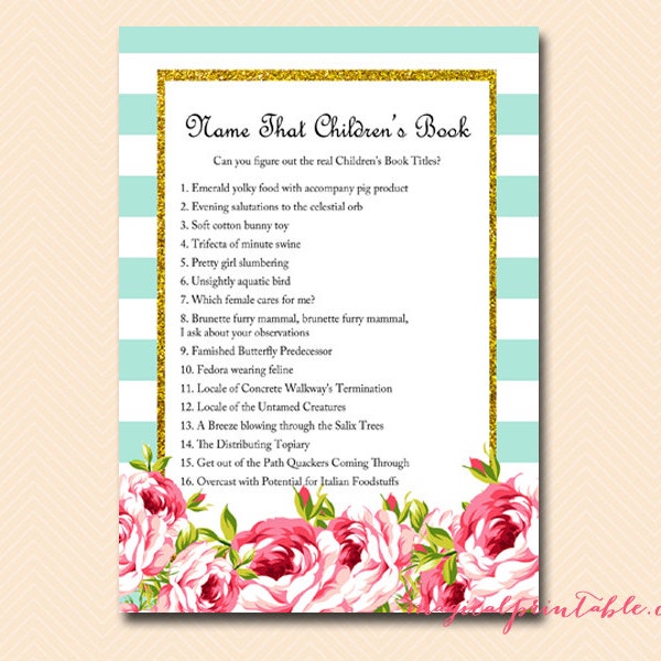 Name that children's book, Alternate titles for popular children's book, Baby Shower Games Printable, Baby Shower Activities, Download TLC78