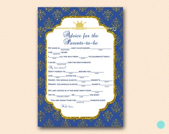 Baby Advice Mad libs, Advice for Parents to be, Baby Wishes card, Royal Prince Baby Shower Game, Game Printable, Blue Prince TLC109