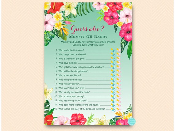 Luau themed Mommy or Daddy Game, Guess who baby shower game, Coed Baby Shower Games, flamingo Who knows Mommy and Daddy Best tlc650 Il_570xn