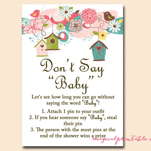 Don't Say Baby Sign, Diaper Pin Game, Bird Baby Shower Games Printable, Neutral, Floral, whimsical Baby Shower Games Download TLC17