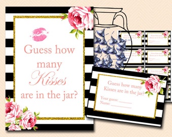 How many Kisses Sign, Guess how many Kisses there are in a jar, Black White Bridal Shower Game, Wedding Shower BS10 TLC04 BS10P BS10B BS10E