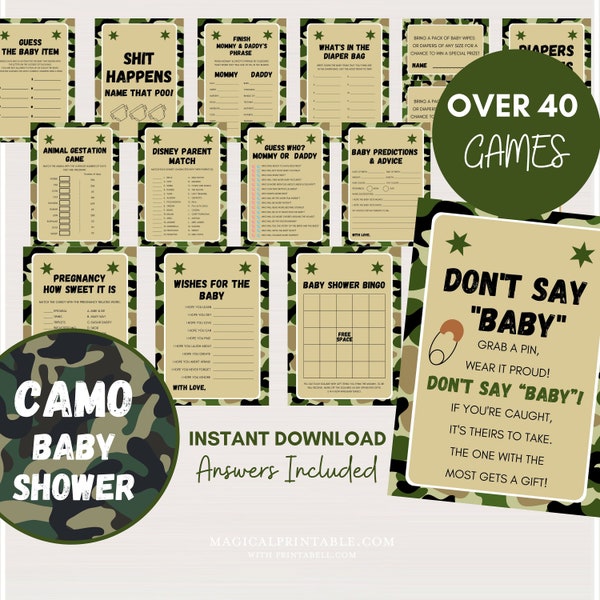 Over 40 Camo baby shower games Package, Instant Download, Army baby shower games, Military, camo themed baby shower games TLC70