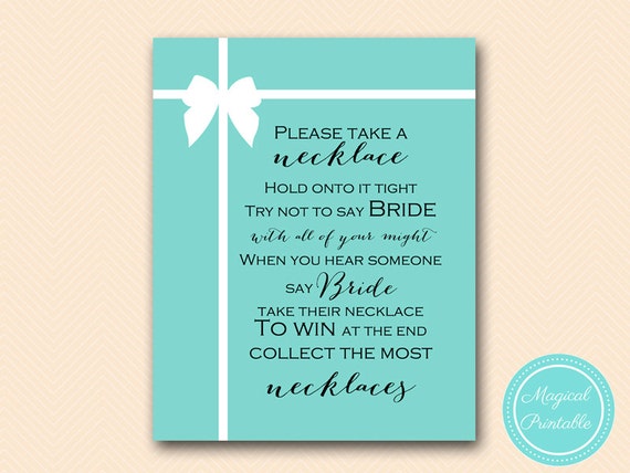 don't say bride, necklace game, guessing game, Aqua Bridal Shower Game Printables, Bachelorette, Wedding Shower Games BS72, BS54 Il_570xn