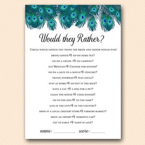 Peacock Bridal Shower Games Package Deal, Download, porn or polish, would they rather, love quote match, movie quote, over or under, BS555 image 8