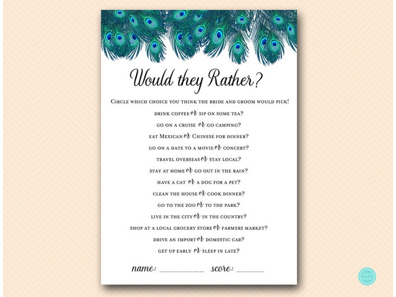 Peacock Bridal Shower Games Package Deal, Download, porn or polish, would they rather, love quote match, movie quote, over or under, BS555 image 8