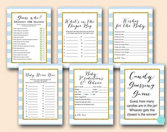Baby Blue and Gold Baby Shower Games Package, Instant Download, baby predictions advice, Baby Shower Game Download, wishes for baby tlc50