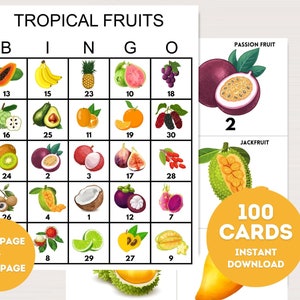 100x tropische vruchten bingokaarten, afdrukbare tropische partij bingo, tropisch verjaardagsfeestje spel, leuke verjaardagsspellen, bingo verjaardag, bs701