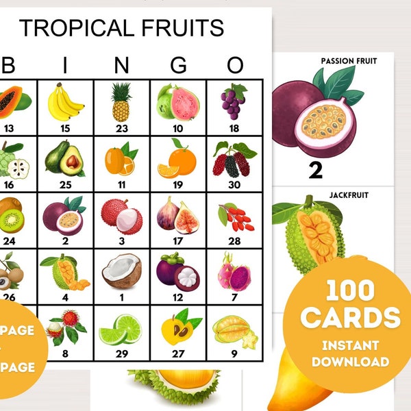 100x Tropical Fruits Bingo Cards, Printable Tropical Party bingo, Tropical Birthday Party Game, Fun birthday games, bingo birthday, bs701