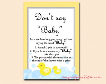 Don't say baby game, sign, clothespin game, diaper pin game, Duck Theme, Rubber Duck Baby Shower Game Printables, Gender Neutral TLC35