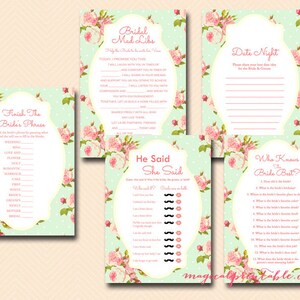 Pack de jeu douche nuptiale, téléchargement immédiat, imprimable, Floral Chic Bridal Shower Game Printables, Bachelorette, BS77 de douche de mariage à la menthe