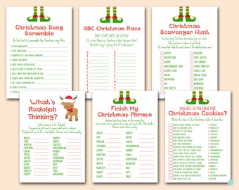 May include: A set of printable Christmas games, including a song scramble, an ABC race, a scavenger hunt, a phrase game, and a cookie quiz. Each game features festive elf-themed graphics and holiday-related prompts.