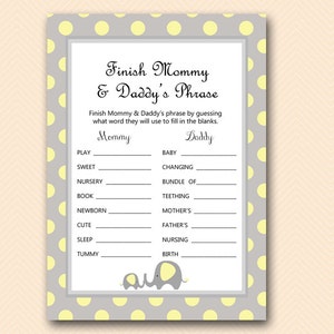 Elephant Baby Shower Games, Finish Mommy and Daddy&#39;s Phrase, Finish the phrase, Baby Shower Games, Baby Shower Games Printable TLC32Y tlc32