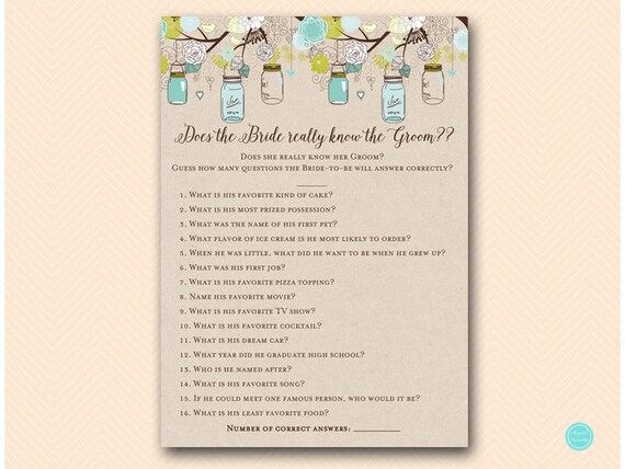 Does the Bride really know the Groom quiz, Newlywed Game, Rustic, Mason Jars Bridal Shower Game, Bachelorette, Wedding Shower BS48 Il_570xn