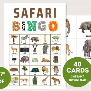 Tarjetas de bingo Safari, Bingo Safari imprimible, Descargar bingo Safari, Juego de fiesta en la jungla, Juegos divertidos de Safari, Juego de cumpleaños de Safari, bs701