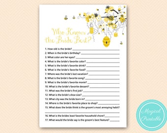 Who knows the Bride Best Game Printable,  Honey Bee Bridal Shower Game Printable, Bachelorette, Wedding Shower BS185
