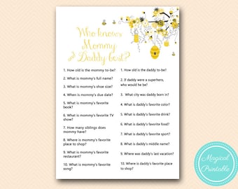 Who knows mommy and daddy best, how well do you know mom, dad, Bee Baby Shower Games, Gender Reveal Games, Honey bee, TLC185