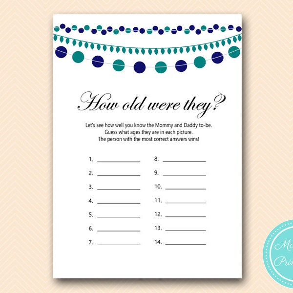 How old were they, Guess the age of mom and dad to be, photo picture game, Baby Shower Games, Teal and Navy, Printable Game TLC421 MB